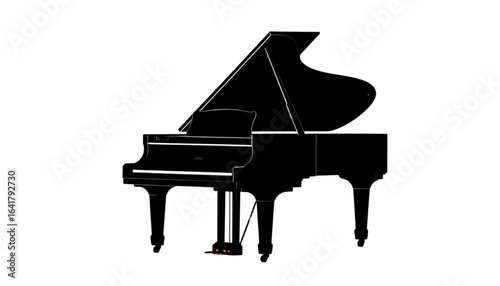 A sleek black grand piano is isolated against a clean white background.