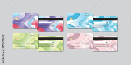 Set of colorful ATM Cards with gold magnet chip. Mock-up set of debit or credit card vector template on isolated background. Front and back views. Vector illustration.
