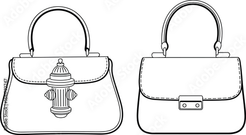Elegant handbags with top handles, fashion purse illustration, unique clasp design, leather accessory vector, stylish women bag drawing for branding