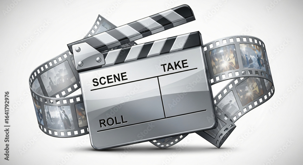 © najih - Film clapperboard with film reel background, symbolizing movie production and creativity