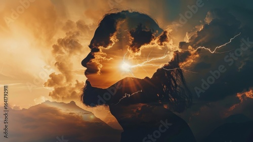 Spiritual profile of a man with storm clouds, mountains, sun and lightning for christianity and Easter concept.
