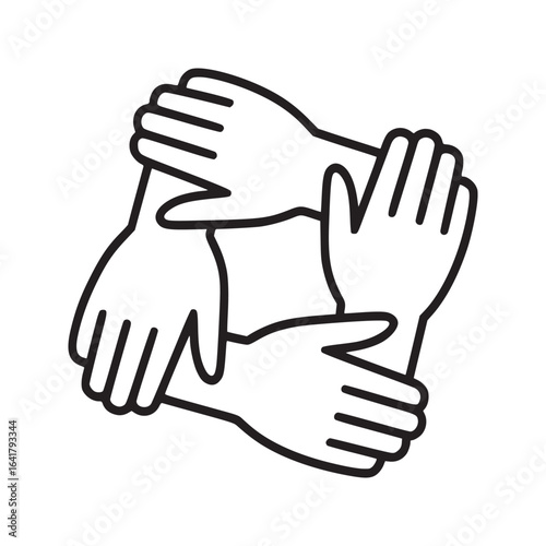 A group of four hands connected together in a circle shape on a white isolated background art work