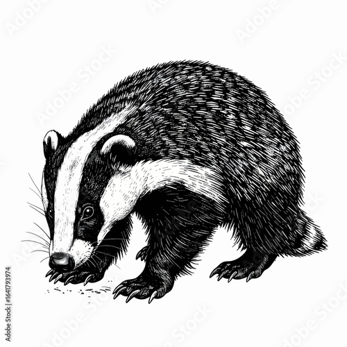A monochrome illustration of a badger, bent down, snuffling at the ground. Bold contrast of black and white. Detailed fur