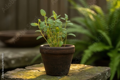 Young green plant growing in a dark brown pot outdoors