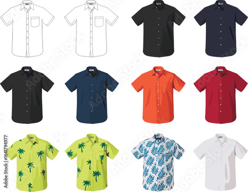 PrintMen’s short sleeve shirts collection, casual and tropical designs, button down, summer fashion, stylish apparel, colorful patterns, vector illustration set