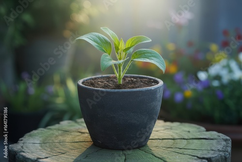 Young plant growing in a pot on a wooden stump outdoors