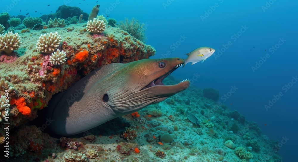 Fototapeta premium Moray eel lunging from reef crevice at small fish, vivid underwater moment, behavior, predation and coral habitat focus for education, conservation, travel, posters