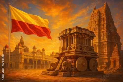 Illustration of karnataka formation day with waving flag and famous monuments.