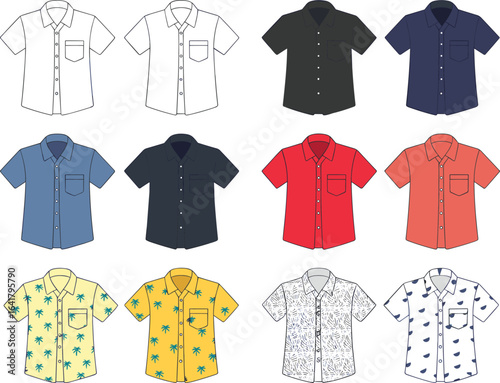 PrintMen’s casual shirts collection, short sleeve button down, plain and printed, summer fashion, trendy apparel, tropical designs, vector illustration set