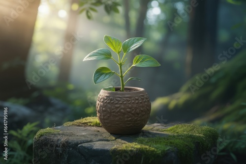 Young plant in a woven pot on a mossy forest floor