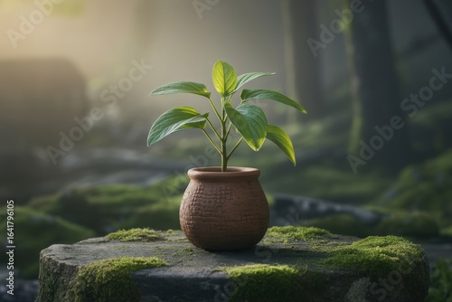 Young plant in a pot on a mossy stone in a mystical forest