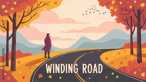 Autumn Road Trip with Scenic View and Person Contemplating Life during Fall Season Nature Illustration