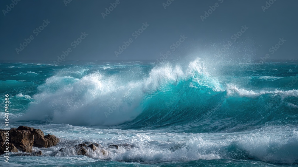 Fototapeta Dramatic Ocean Wave Crashing with Force Against the Shore Under a Dark Sky, Representing Power