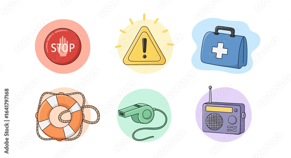Fototapeta premium Colorful safety equipment icon set with stop sign, hazard, first aid kit, lifesaver, whistle, and radio