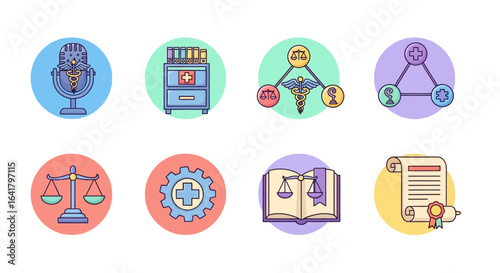 Medical Jurisprudence Vector Icon Set: Health Law, Legal Healthcare, Ethics