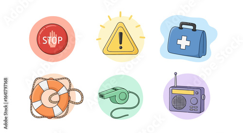 Colorful safety equipment icon set with stop sign, hazard, first aid kit, lifesaver, whistle, and radio