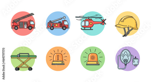 Colorful flat design icon set representing fire rescue services and medical emergency equipment in vector format