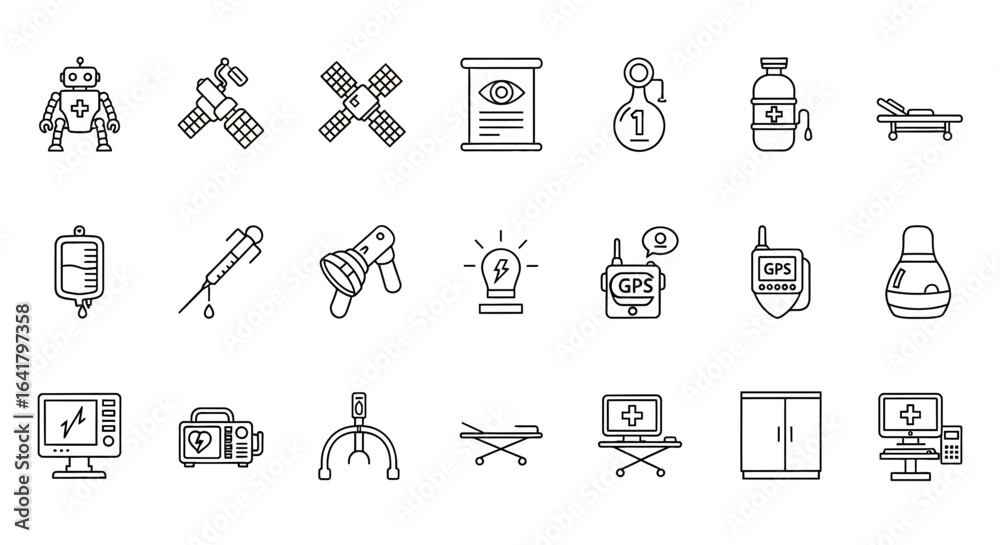 Fototapeta premium Medical Healthcare Technology Outline Icon Set: Robotic, Hospital Equipment