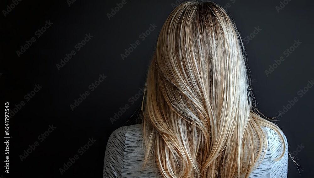 Naklejka premium Blonde woman with long straight layered hair shown from behind against dark background, demonstrating modern hairstyling and highlighting techniques.