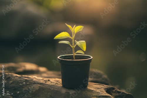 Young plant growing in a pot outdoors