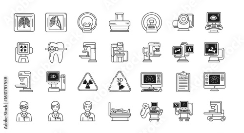 Diagnostic Imaging Icon Set: Radiology equipment, X-ray, MRI, and patient examination devices in outline style