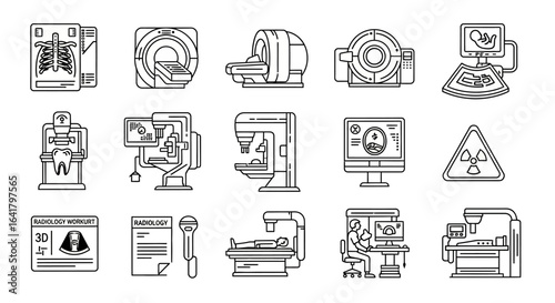 Modern radiology and medical scanning equipment line art icon set for healthcare diagnostics