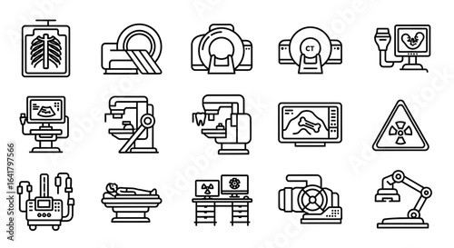 Radiology equipment icons: X-ray, MRI, ultrasound, CT scan, linear vector illustration.
