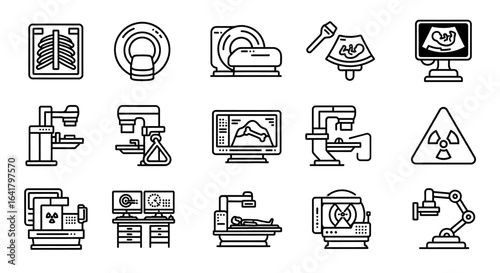 Radiology and medical imaging icon set: Black outline graphics of X-ray, ultrasound, MRI, mammography, tomography, radiation symbol