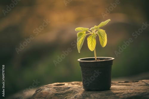 Young plant growing in a pot with soft bokeh background