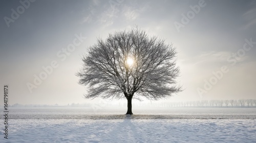 Winter Tree Silhouette in Snow Covered Field with Overcast Sky Landscape Scene