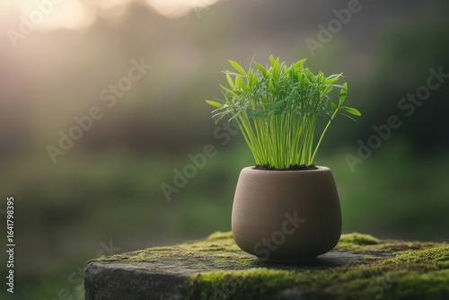 Small potted plant bathed in soft morning sunlight