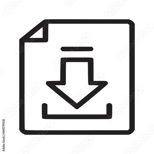 A simple black and white icon of a document with a download arrow on a white background surface