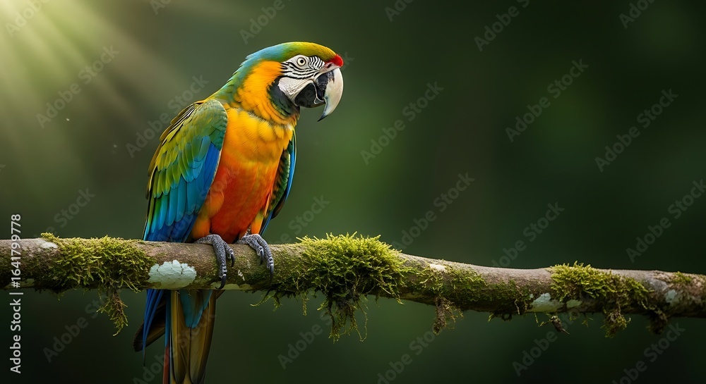 Obraz premium A colorful blue and gold macaw parrot sits on a mosscovered branch in a sunlit forest