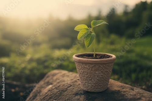 Young plant in pot on rock with golden sunlight