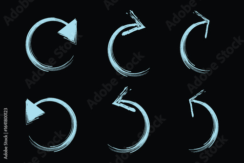 Set of six blue brush stroke circular arrow icons on black background for refresh and reload design