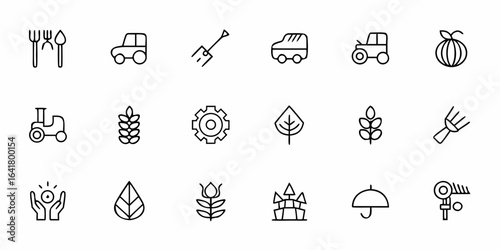Minimalist Agriculture Icon Collection – Line Art Tractors, Crops, and Farm Tools for Organic Farming and Rural Business Branding


