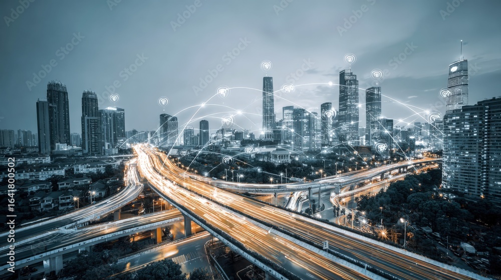 Fototapeta premium Cityscape at Night with Overlayed Network Connections, Emphasizing Modern Connectivity and Urban Technology