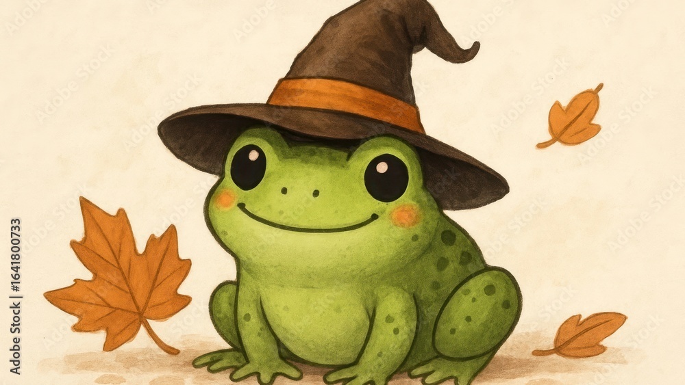 Fototapeta premium Cute frog wearing witch hat