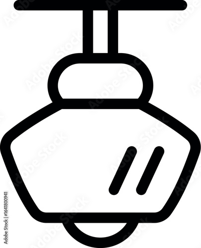 Simple black and white line drawing of a funicular cable car hanging from a cable, transporting passengers up a mountain