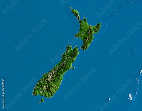 Satellite view of New Zealand's two main islands, showcasing diverse terrain and coastline