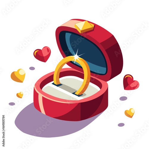 Golden Diamond Engagement Ring in Velvet Box with Hearts Vector