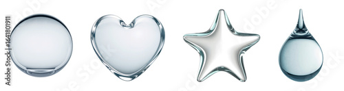 Transparent glass shapes including circle, heart, star, and water droplet design isolated on transparent background for decoration and digital design projects