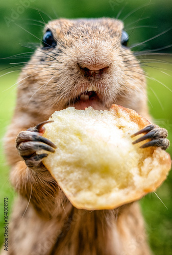 Cute European ground squirrel holding and eating food in green meadow, close up of wild animal with funny expression, concept of wildlife and nature photography