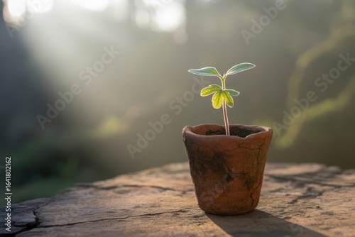 Young plant sprouts in a terracotta pot bathed in morning sunlight