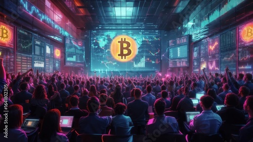Large crowd cheering in a futuristic conference hall