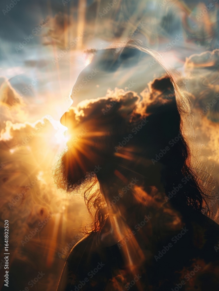 Obraz premium Double exposure of a man with long hair beard and clouds with bright sun rays. Spiritual concept illustration ideal for religion.