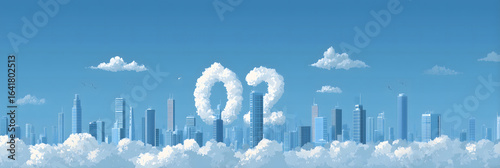 Sustainable City Concept with Oxygen Symbol in Clouds