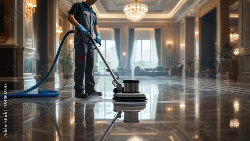 Man cleaning marble floor in luxury hotel