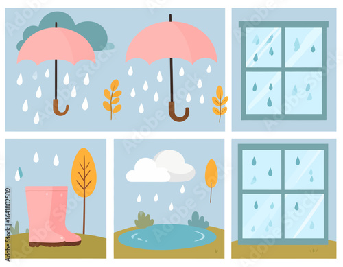 A charming collection of autumn rainy day illustrations featuring umbrellas, rubber boots, puddles, and window scenes. Seasonal weather concept set.