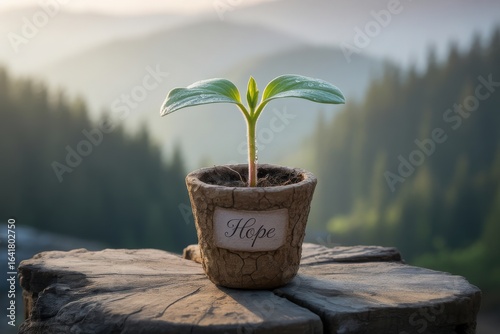 Young plant in pot on wooden surface with mountain background